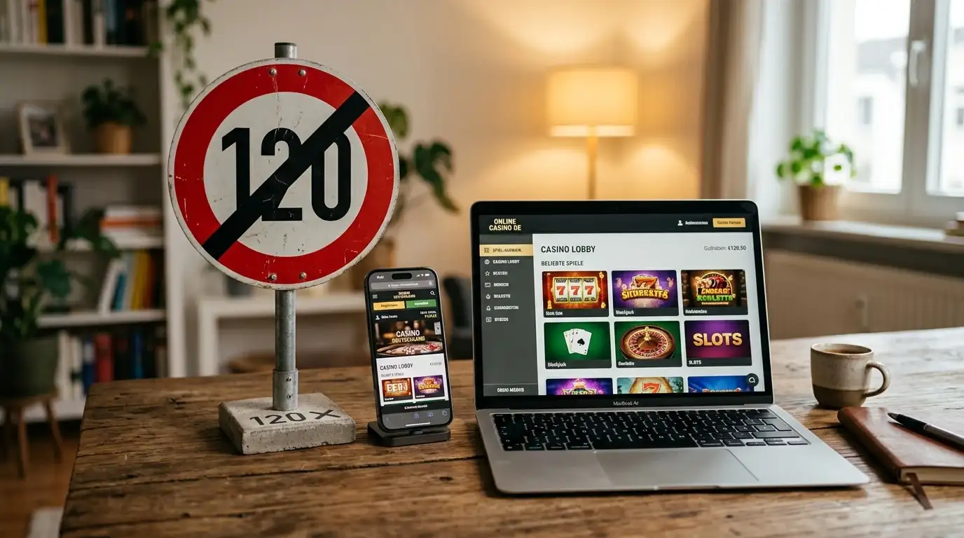Gestrichenes Limit-Schild neben Laptop mit Casino-Interface und Smartphone