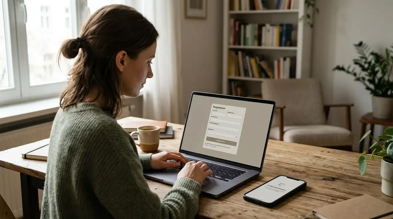 Neuer Nutzer registriert sich am Laptop für ein Angebot mit Freispielen ohne Einzahlung
