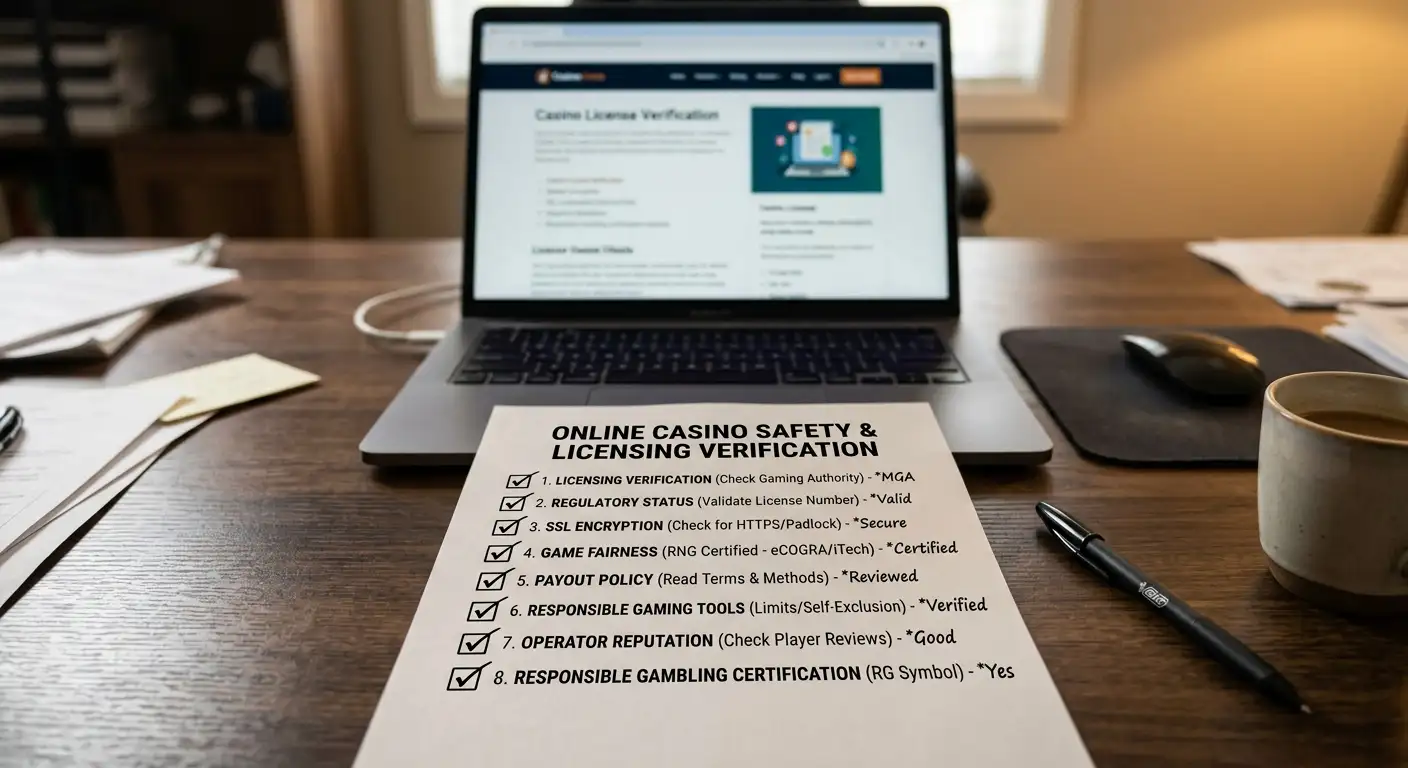 Checkliste mit Lizenz-Verifizierung und Betreiber-Recherche auf Schreibtisch