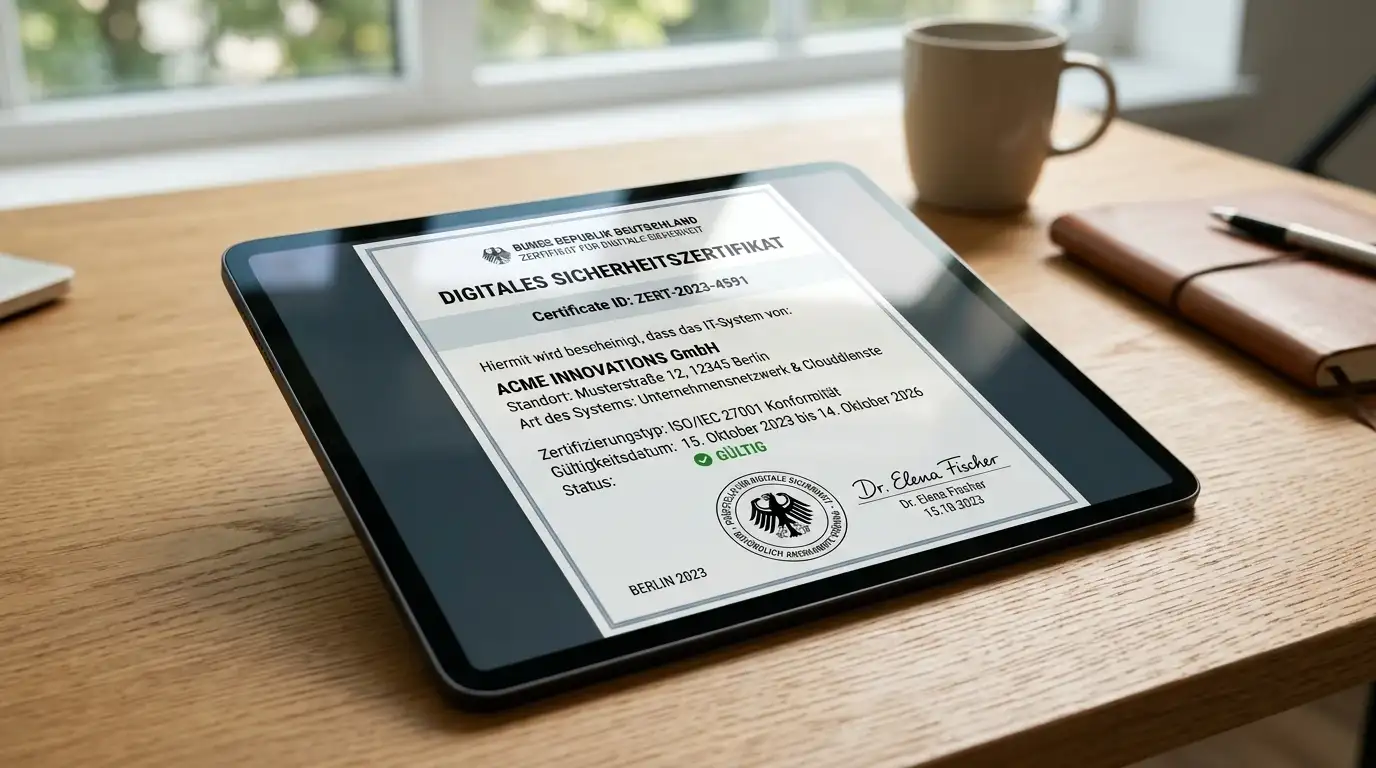 Sicherheitssiegel und Lizenzdokument auf digitaler Plattform