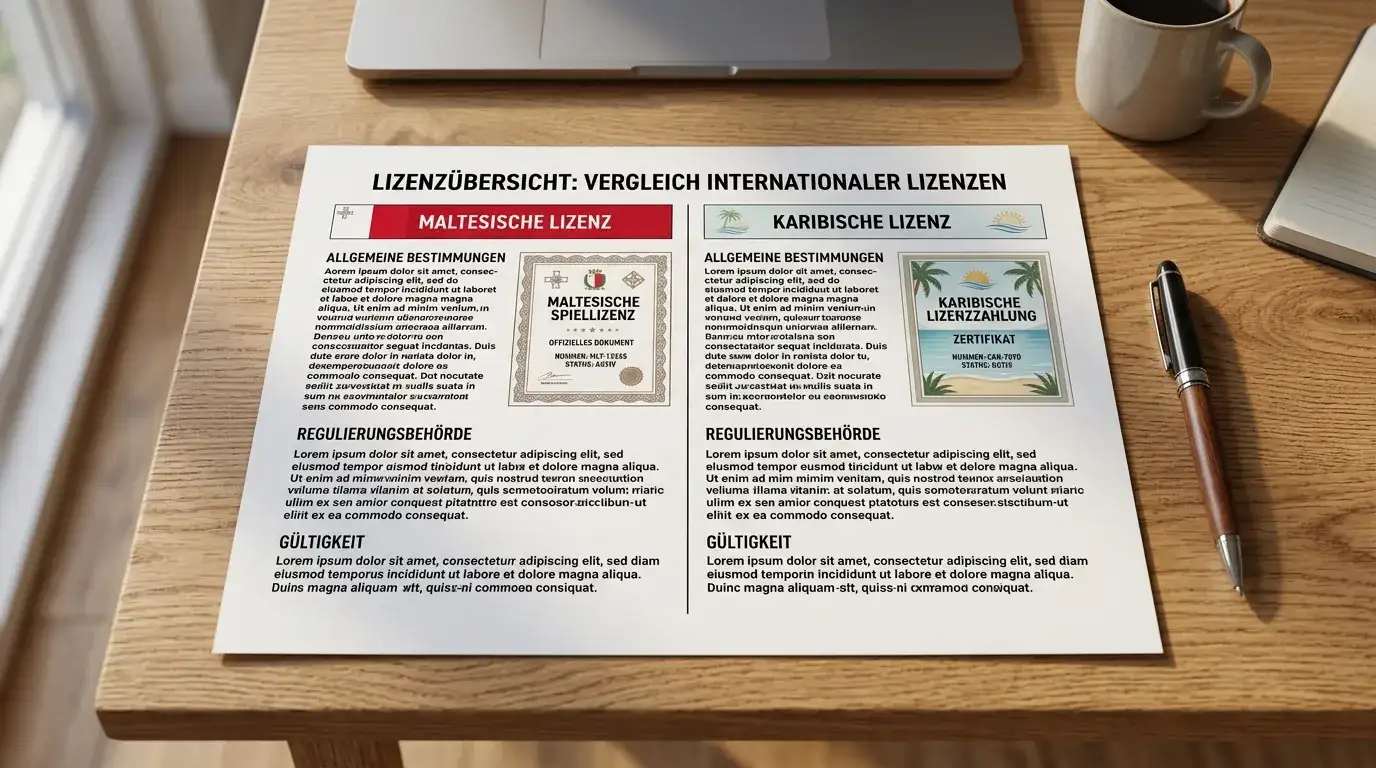 Vergleichsdokument Malta- und Curaçao-Lizenzen auf Holztisch