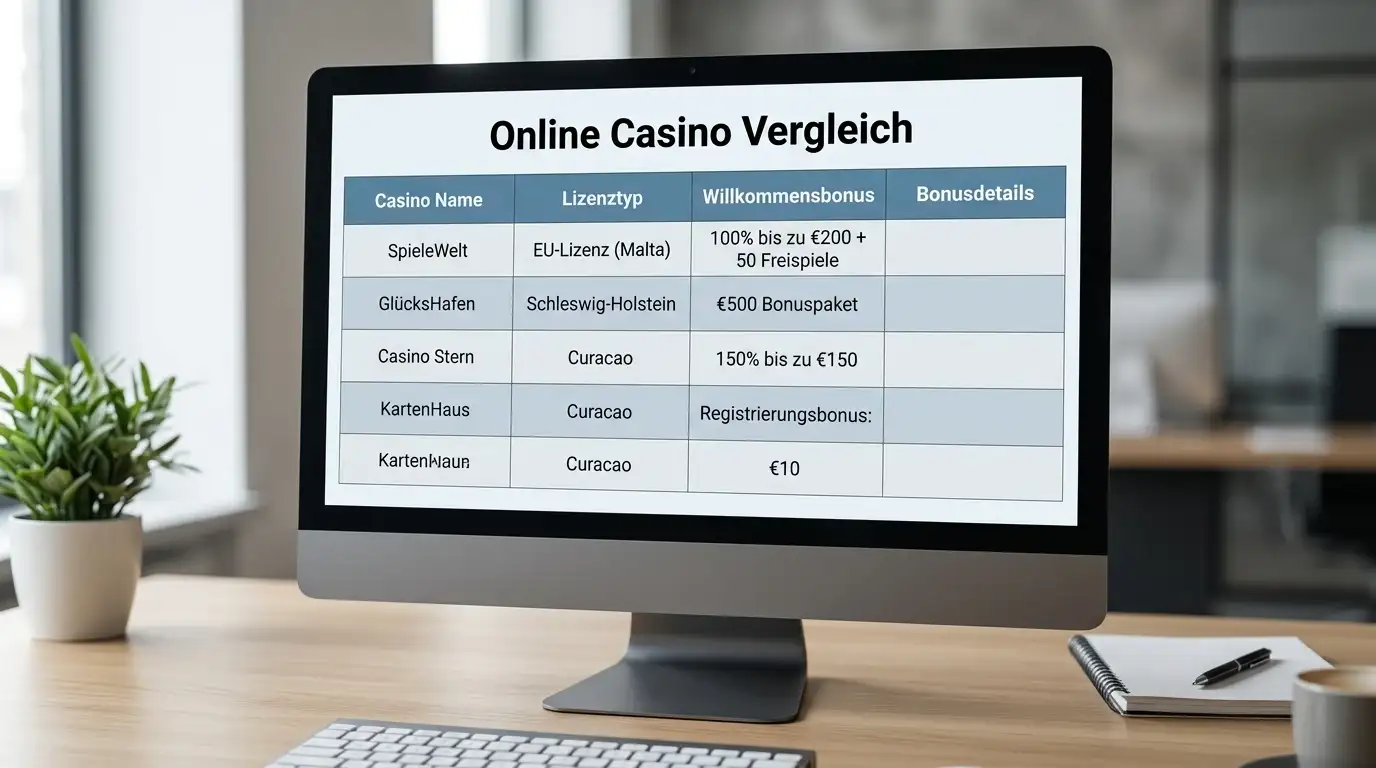 Vergleichstabelle mit Casino-Lizenzen und Bonusangeboten auf Bildschirm