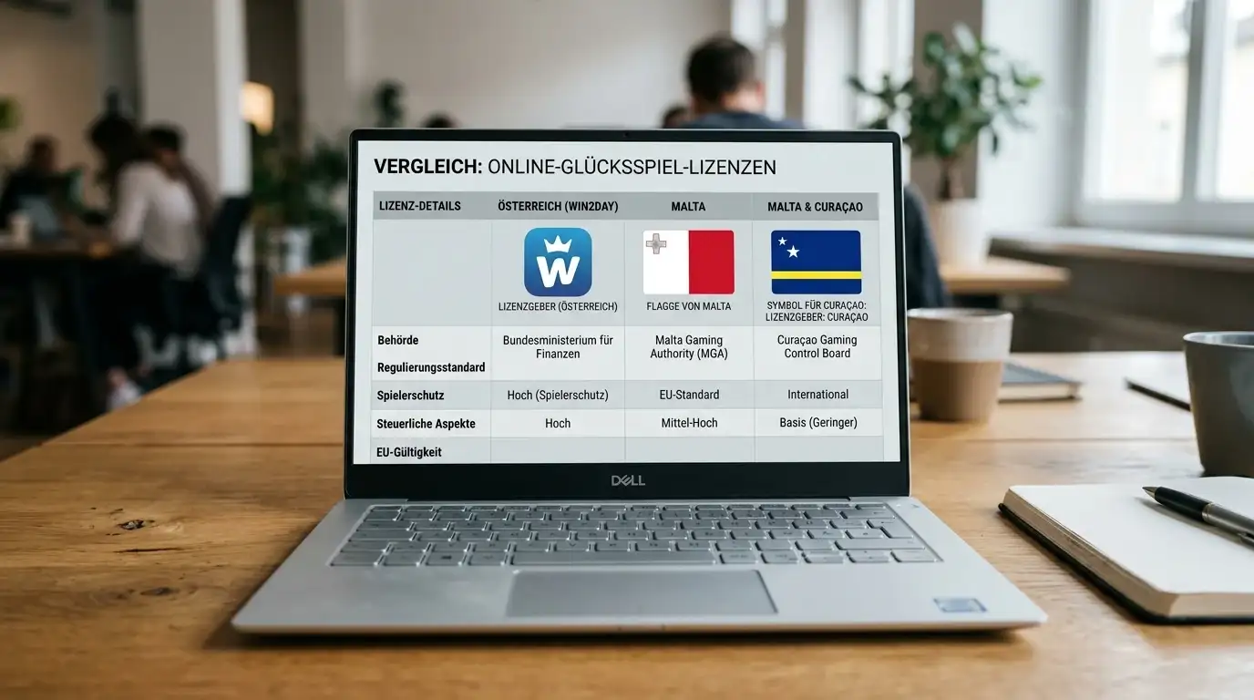 Vergleichstabelle mit drei Spalten: win2day-Logo-Platzhalter, Malta-Flagge, Curaçao-Insel-Symbol