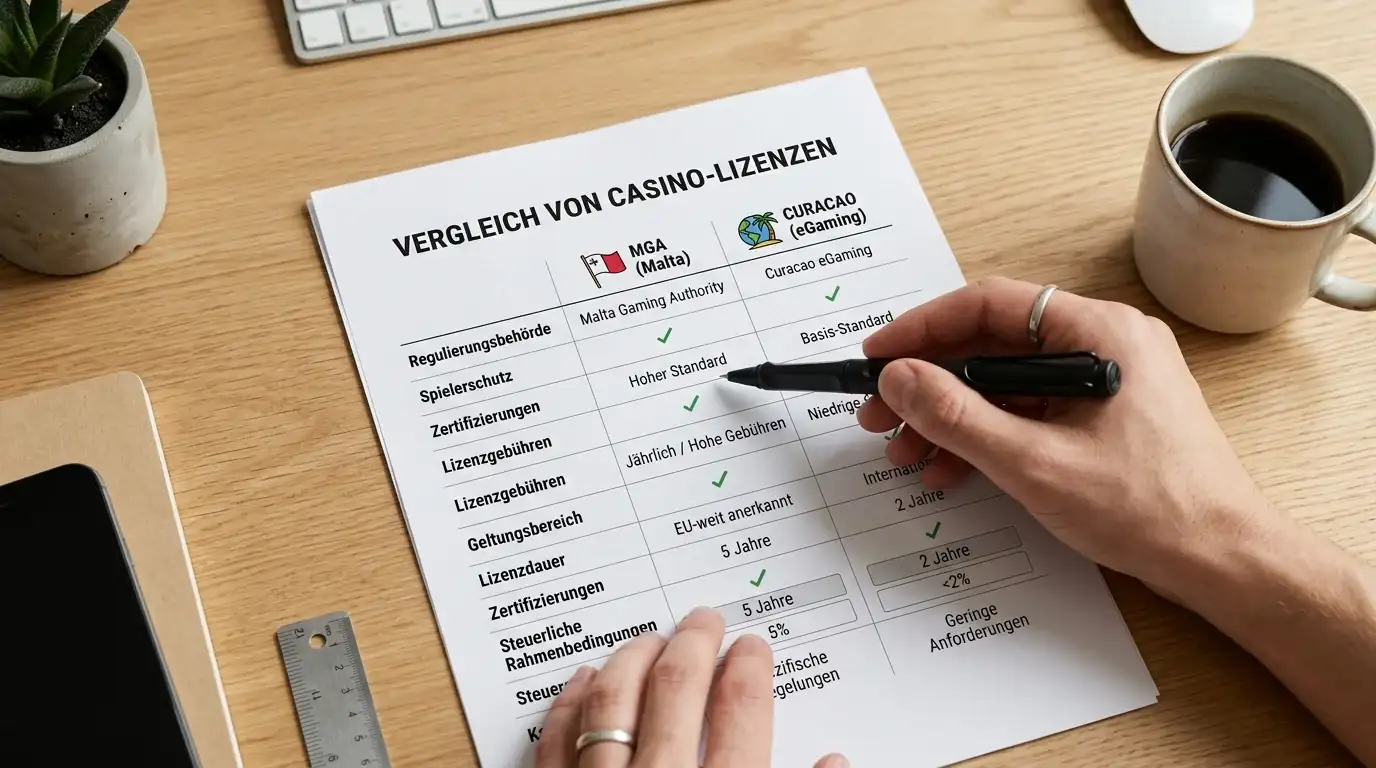 Vergleichstabelle mit Casino-Lizenzen und Bonusbedingungen auf einem Schreibtisch, Hand zeigt mit Stift auf Datenreihen