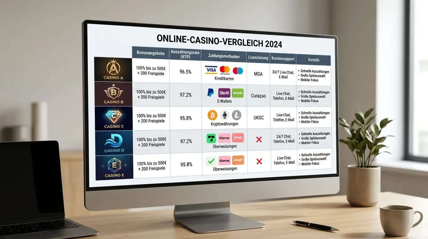 Vergleichstabelle mit fünf Casino-Logos und Zahlungsmethoden-Symbolen