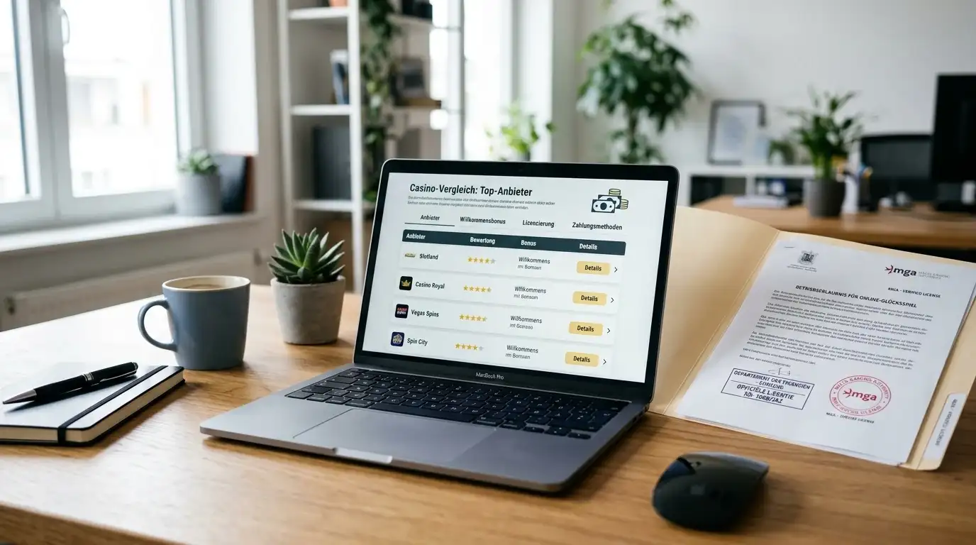 Moderner Schreibtisch mit Laptop und Lizenzdokumenten, Österreich-Fokus