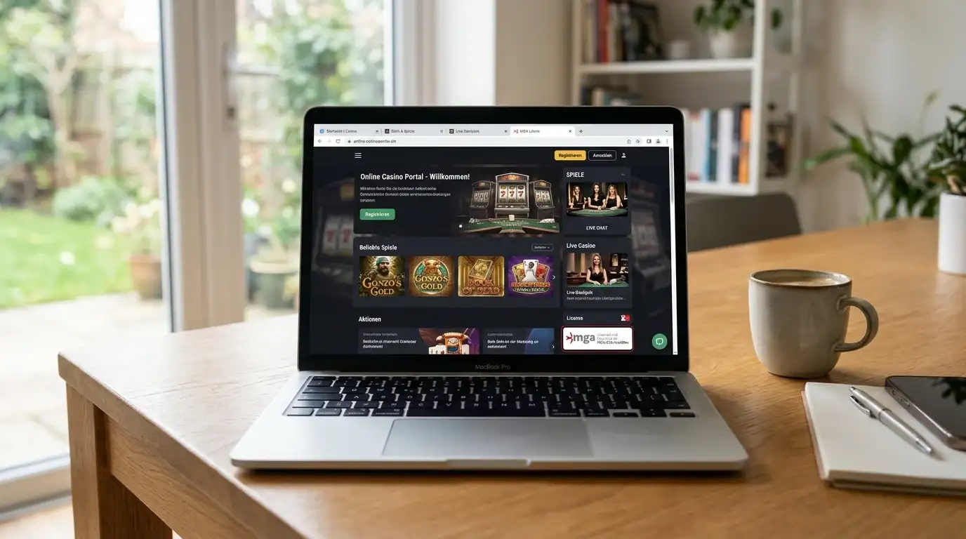 Laptop mit geöffneten Casino-Websites und MGA-Lizenzlogo auf Bildschirm