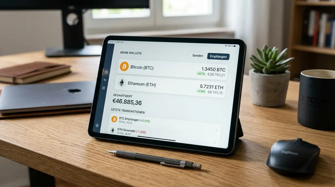 Kryptowährungs-Wallet auf Tablet-Bildschirm mit Bitcoin- und Ethereum-Symbolen