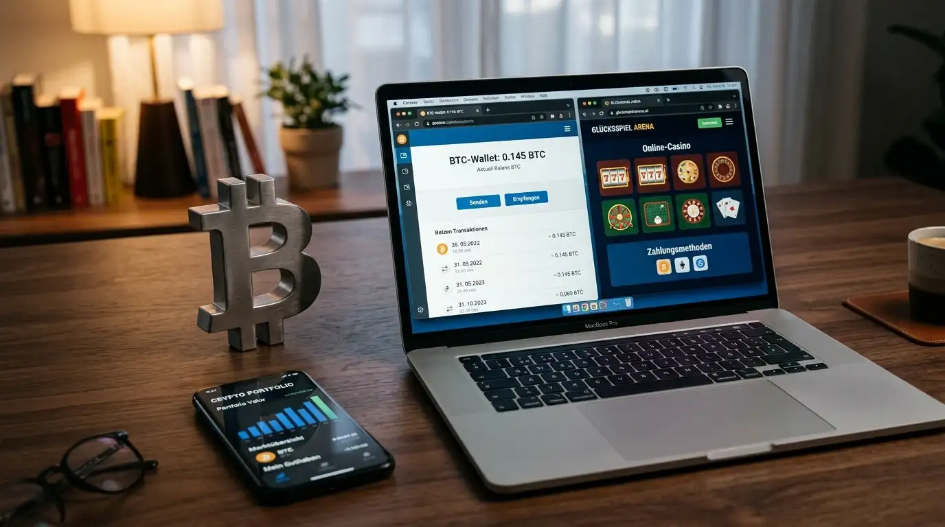 Blockchain-Symbol neben Laptop mit Bitcoin-Wallet und Casino-Interface