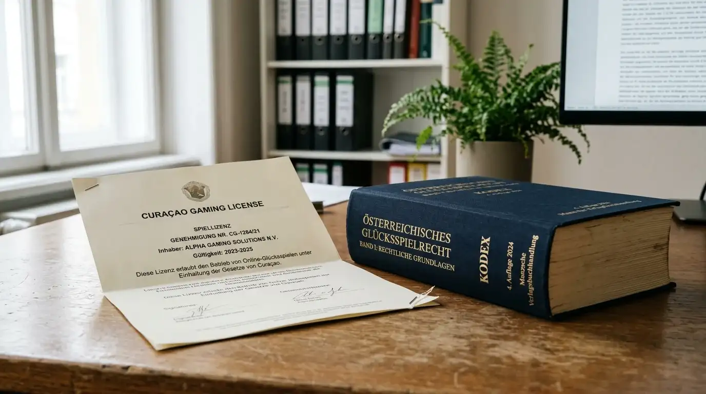 Curacao-Lizenzdokument neben österreichischem Gesetzbuch