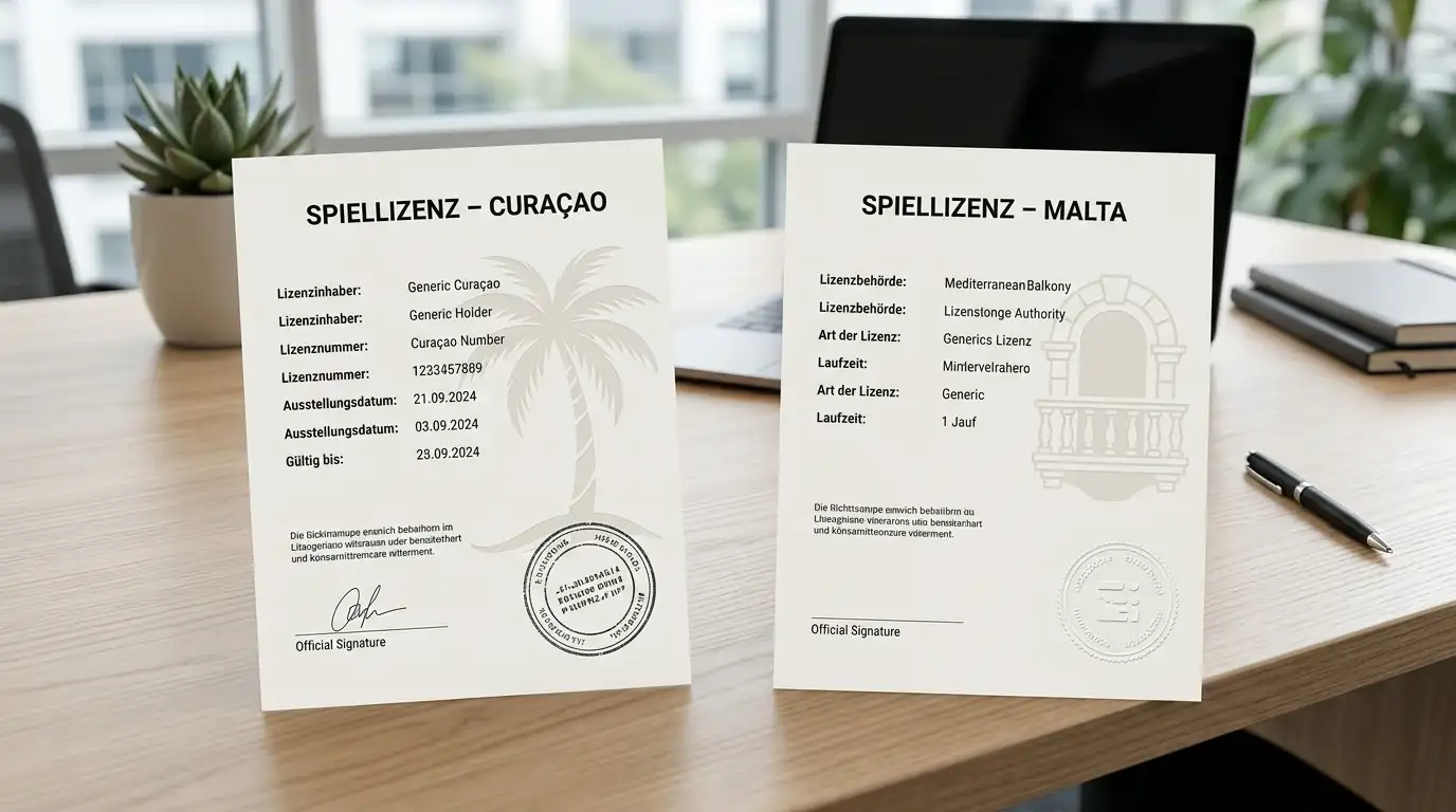 Laptop-Screen zeigt Curacao und Malta Lizenz-Dokumente nebeneinander