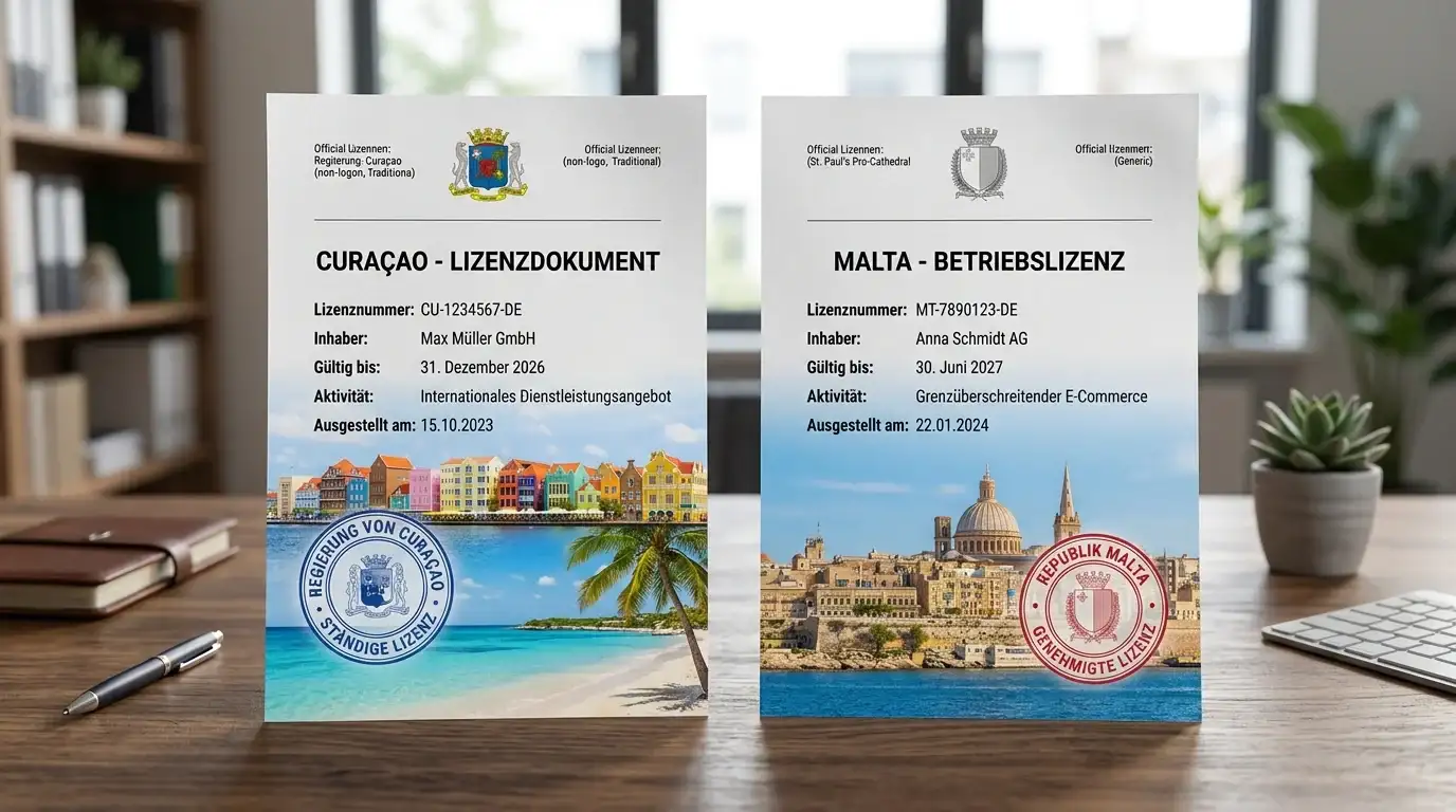 Zwei Lizenzdokumente nebeneinander mit karibischen und europäischen Elementen