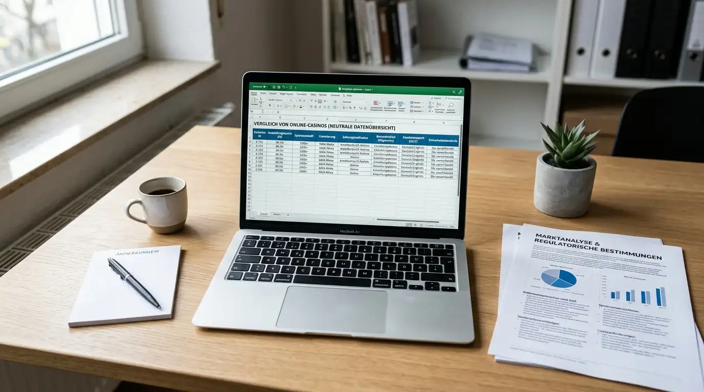 Professioneller Casino-Vergleich mit Laptop und Dokumenten auf modernem Schreibtisch