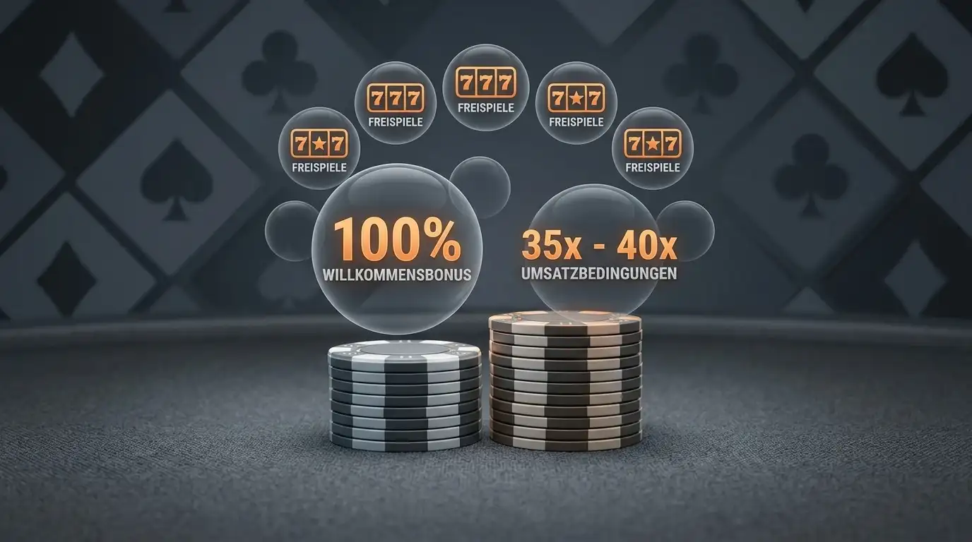 Casino-Bonus-Pakete mit Prozentangaben und Freispiel-Symbolen auf Spielkarten