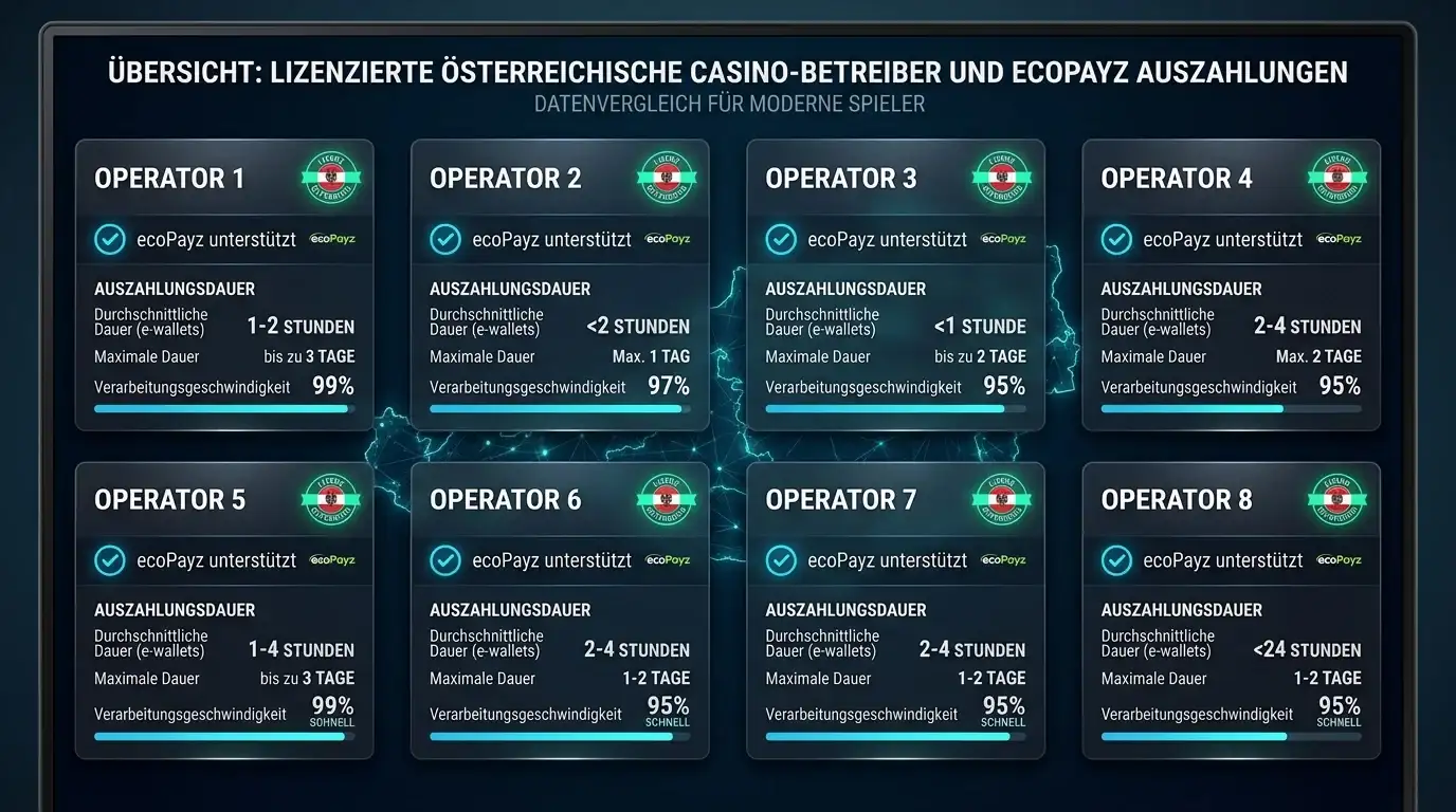 Vergleichstabelle zeigt acht Casino-Anbieter mit ecoPayz-Integration für österreichische Spieler