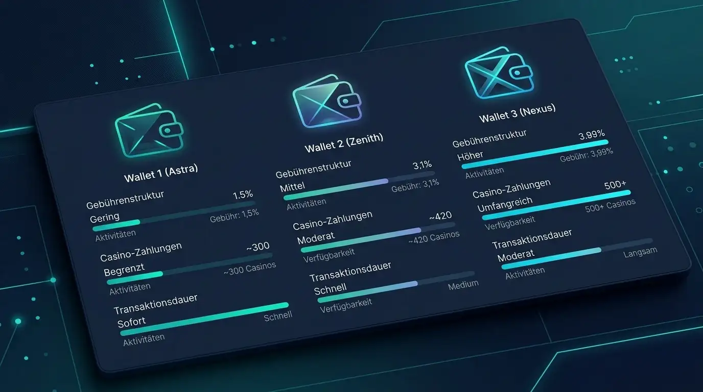 Drei E-Wallet-Logos nebeneinander mit Gebührenvergleich und Akzeptanzstatistik