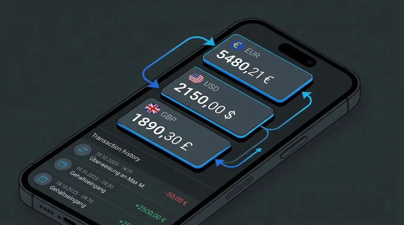 ecoPayz-Konto-Dashboard zeigt Multi-Währungs-Guthaben und Transaktionshistorie