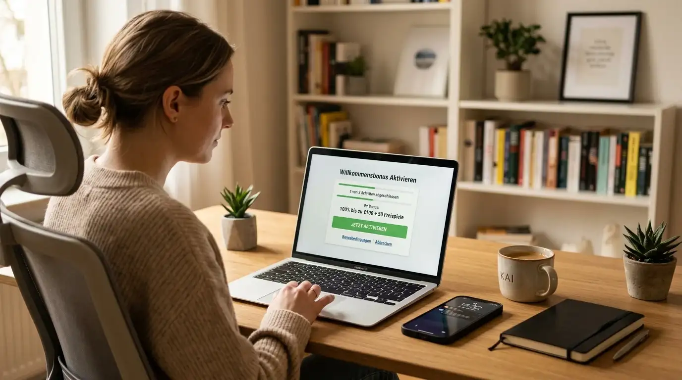Person am Laptop prüft Bonusbedingungen auf Casino-Website