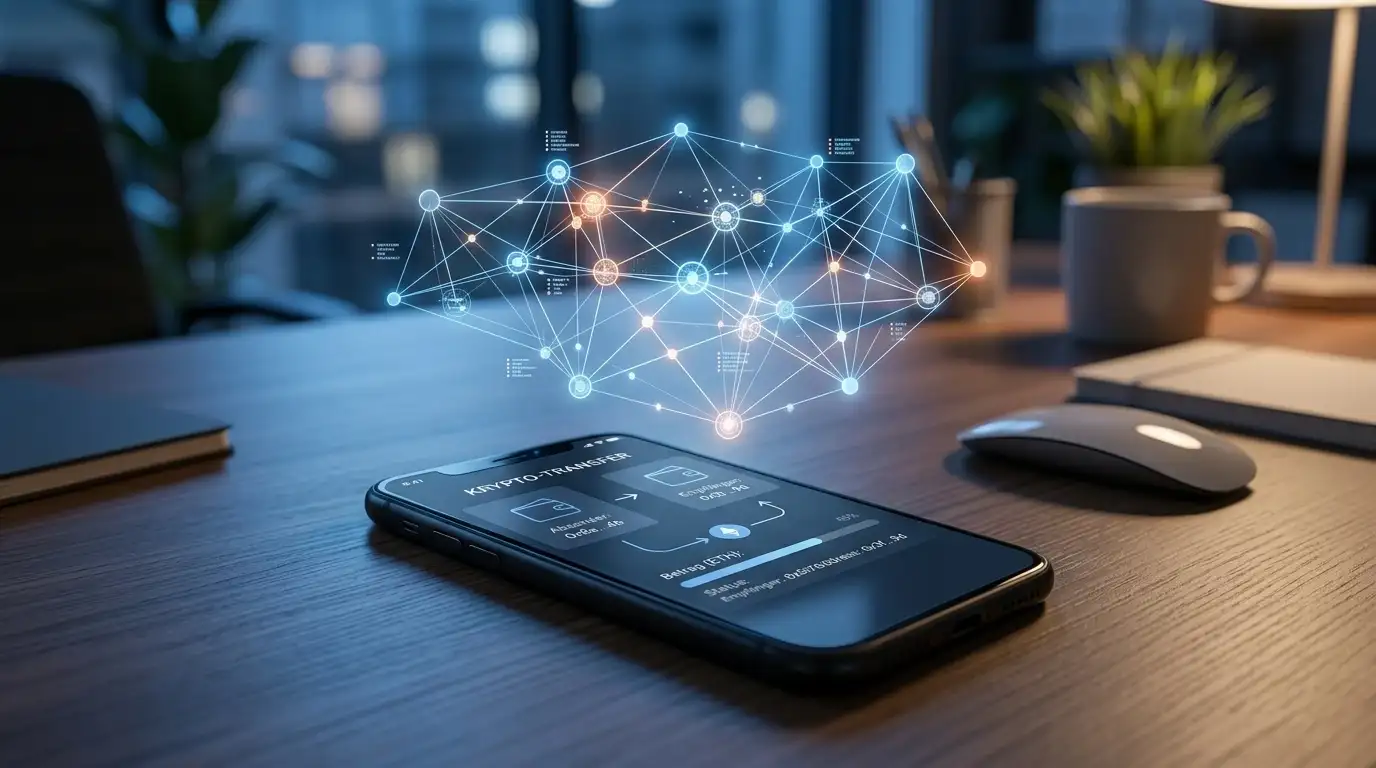 Ethereum-Transaktion zwischen Krypto-Wallet und Casino mit Layer-2-Netzwerk dargestellt