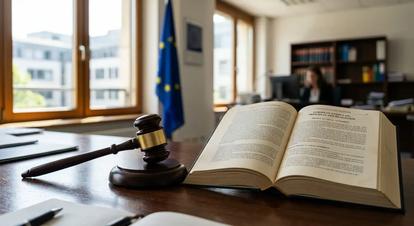 Gerichtshammer und Paragrafenzeichen mit EU-Flagge im Hintergrund