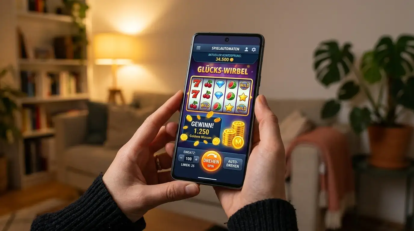 Smartphone mit Freispiel-Angebot und Münzstapeln