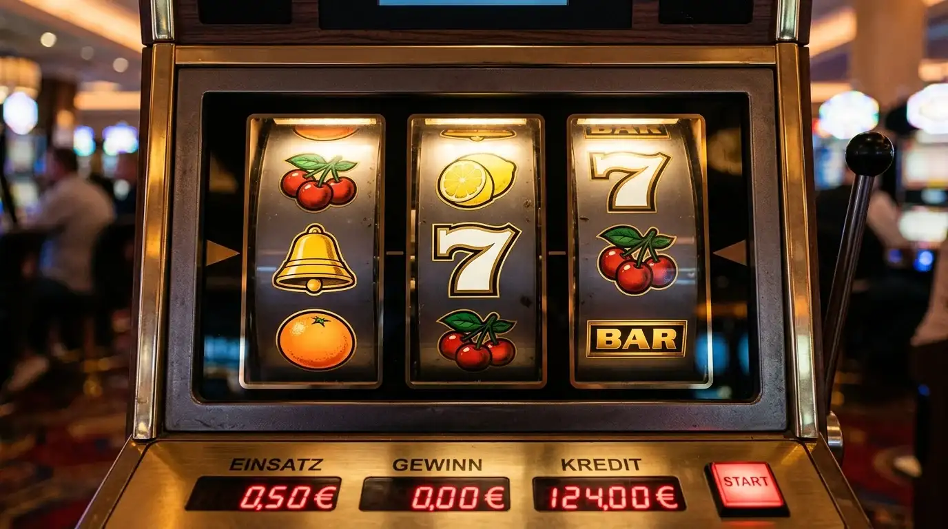 Nahaufnahme generischer Walzensymbole eines Spielautomaten ohne Markenkennung