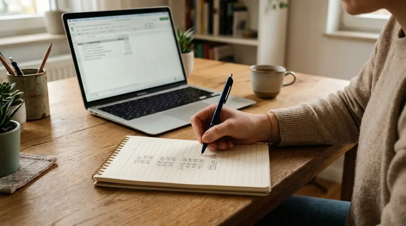 Notizblock mit handschriftlicher Berechnung des Freispiel-Werts