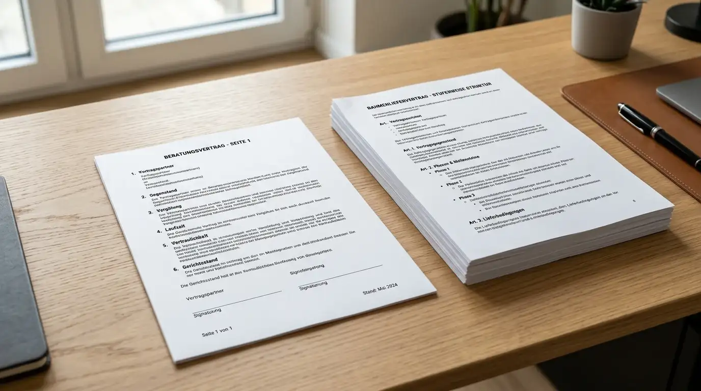 Zwei Vertragsblätter nebeneinander – einfacher vs. gestaffelter Bonus-Vergleich