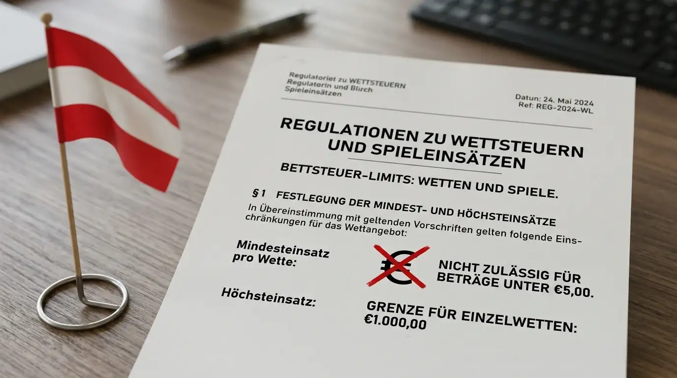 Dokument mit GGL-Regelwerk und durchgestrichener 1-Euro-Münze neben Österreich-Fahne