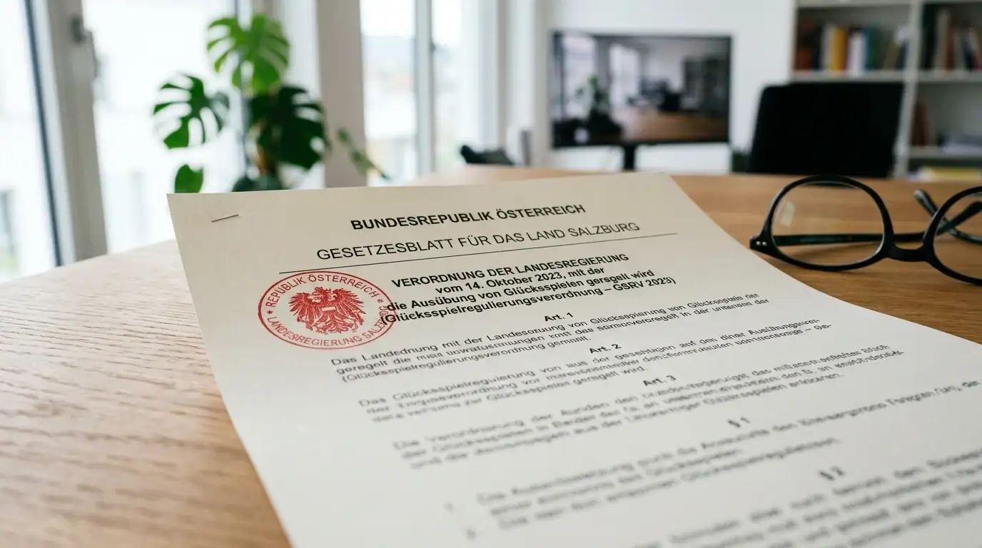 Österreichisches Glücksspielgesetz-Dokument mit offiziellem Stempel auf Schreibtisch