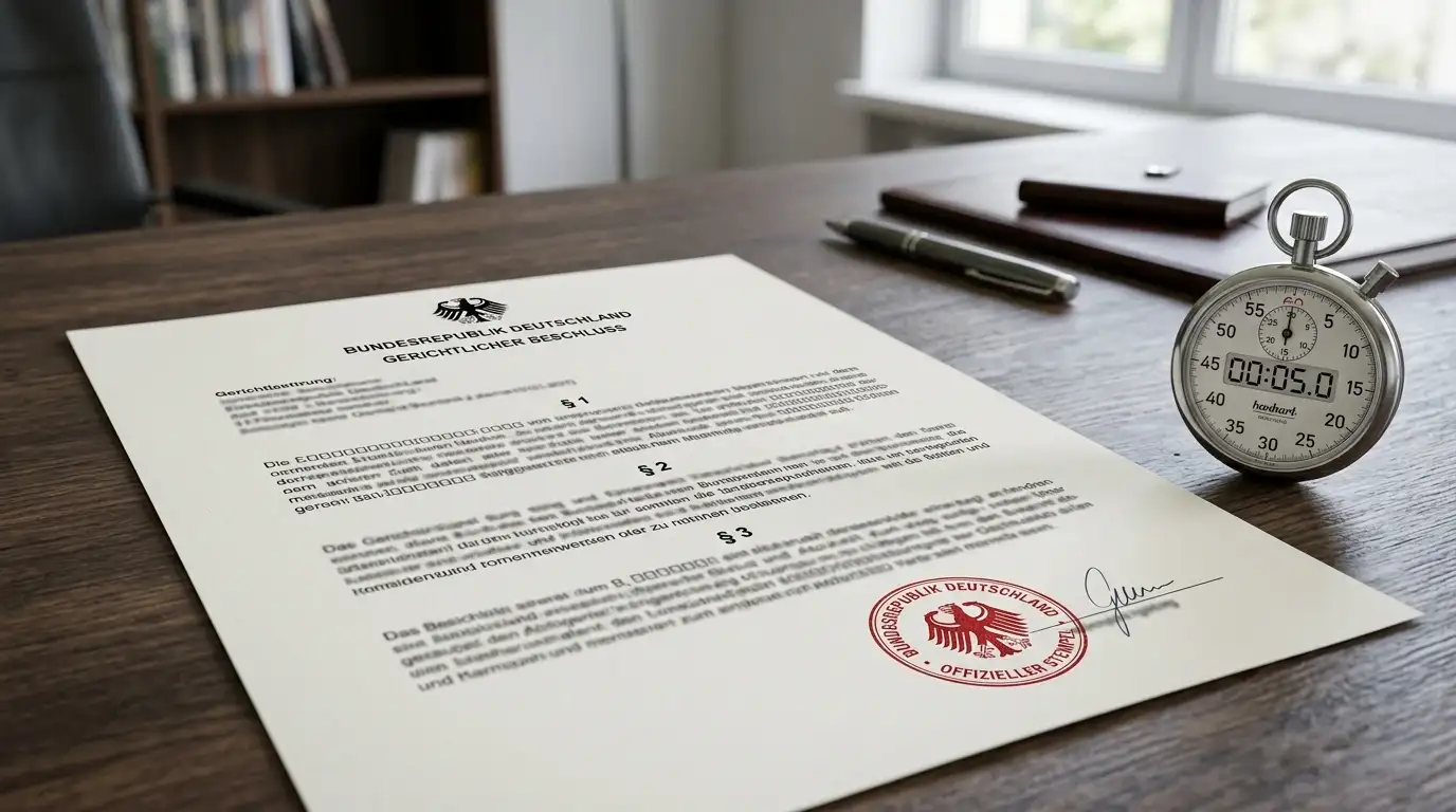 Deutsches Gesetzesdokument mit Paragraphen-Symbol und Stoppuhr auf Schreibtisch