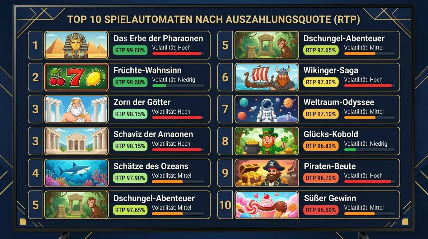 Top-10 Spielautomaten Österreich – Book of Ra, Gates of Olympus, Razor Shark, Sweet Bonanza mit RTP-Werten