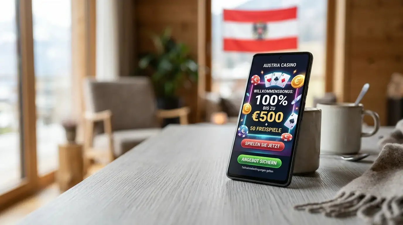 Smartphone mit Casino-Bonus-Angebot und österreichischer Flagge im Hintergrund