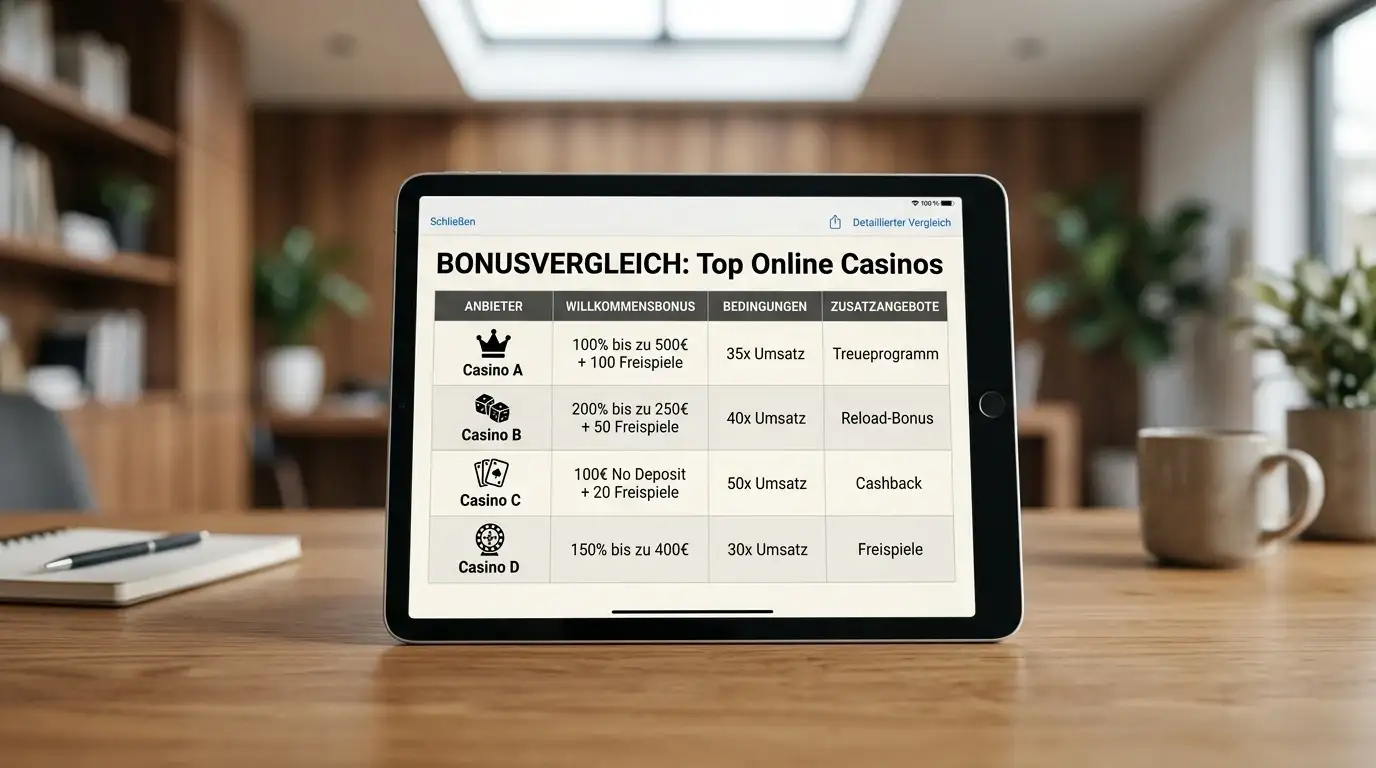Vergleichstabelle mit Casino-Logos und Bonusbeträgen auf Tablet-Bildschirm