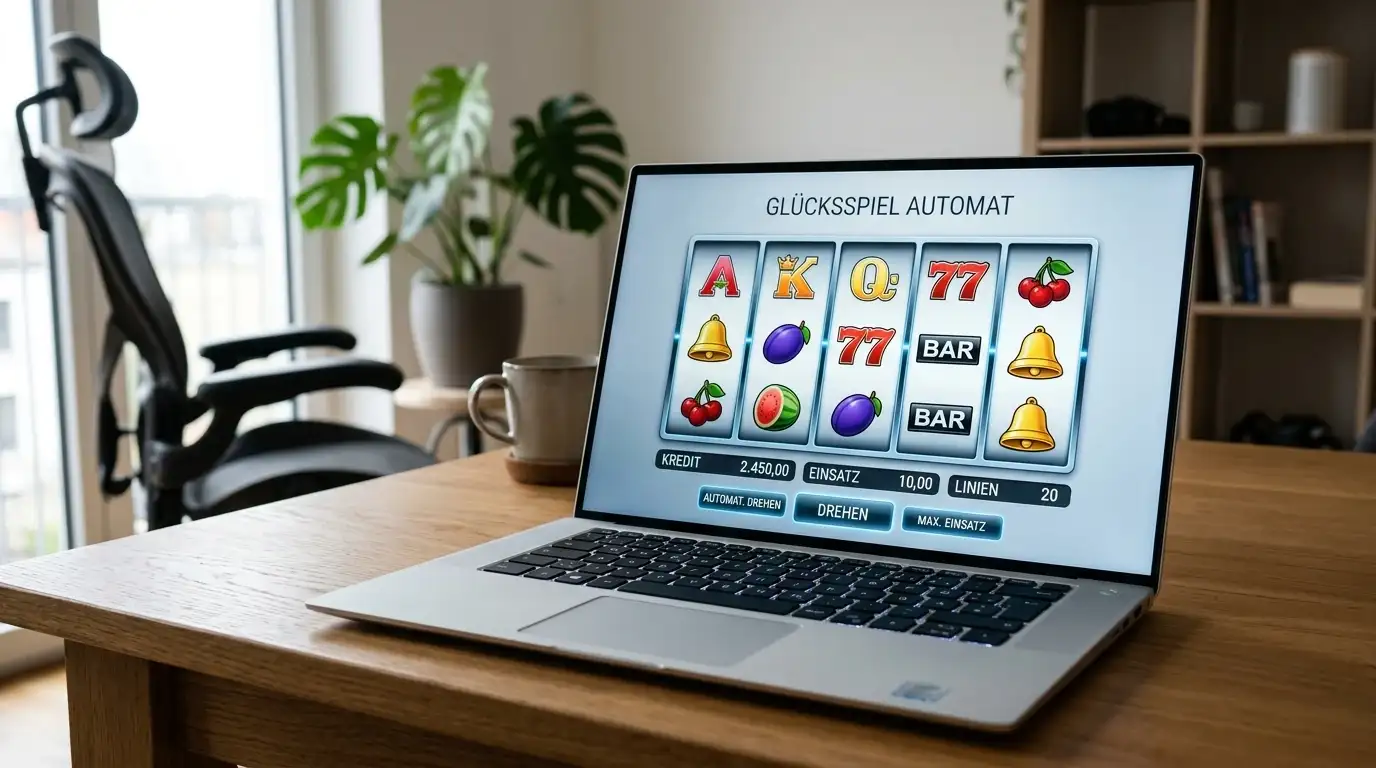 Neutraler Spielautomat mit generischen Symbolen ohne Branding in Casino-Umgebung
