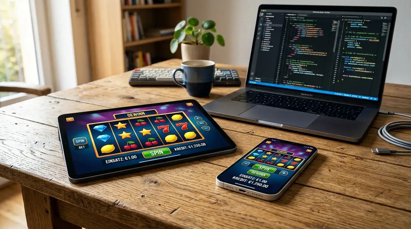 Smartphone und Tablet mit abstrakten Slot-Walzen, HTML5-Code im Hintergrund