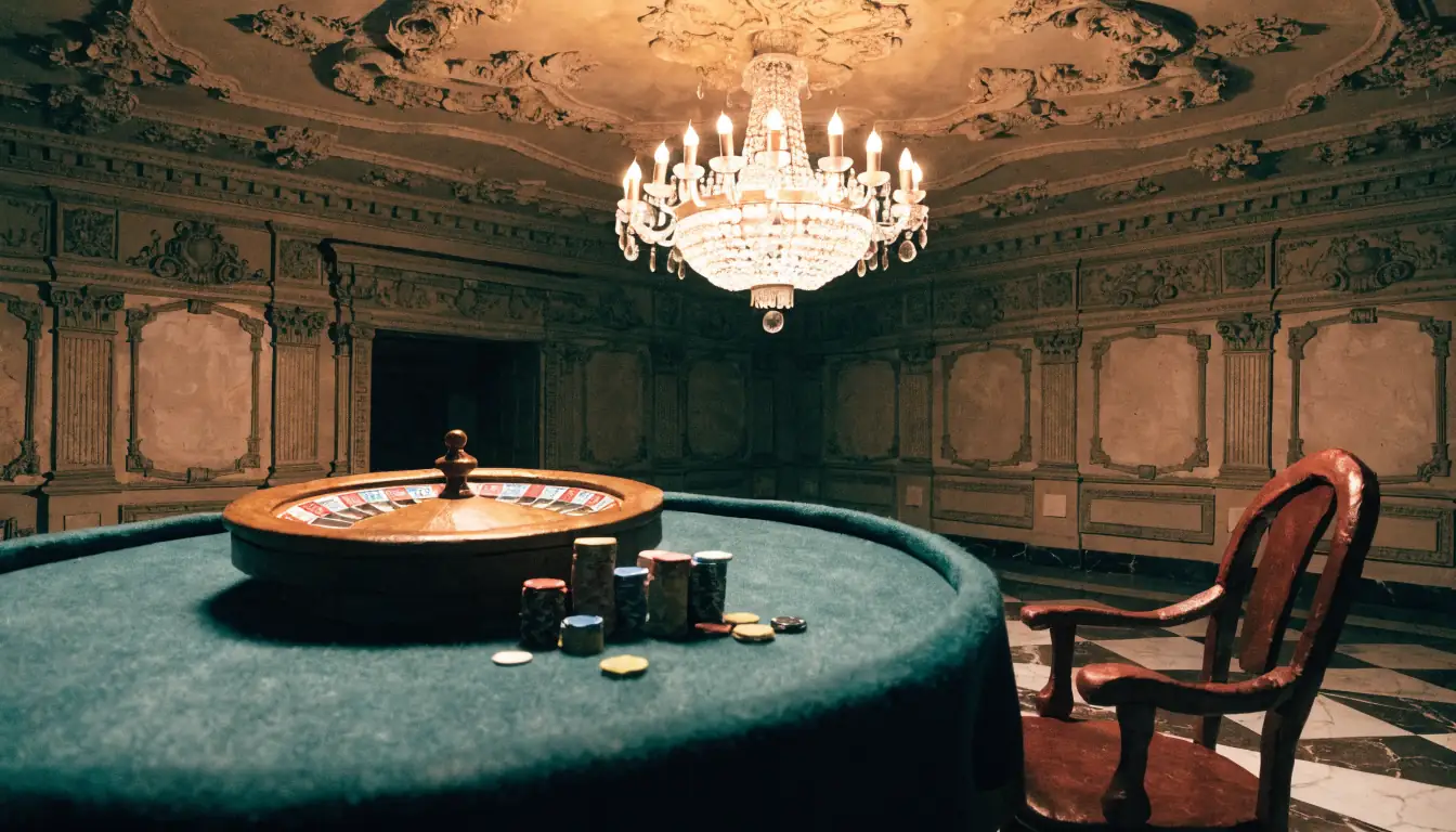 Elegantes Casino-Interieur im Wiener Stil mit Roulette-Tisch, Spielchips und Kristalllüster