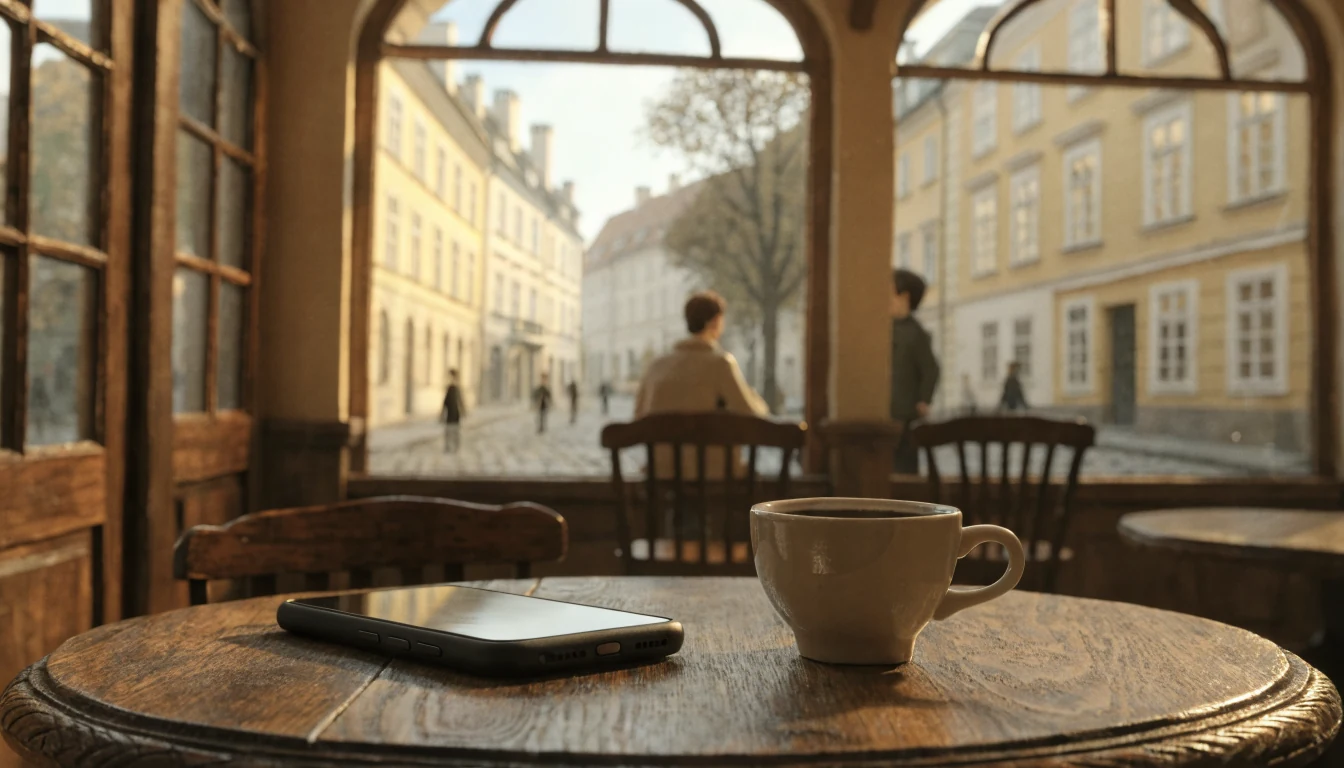 Smartphone neben Kaffeetasse in Wiener Kaffeehaus