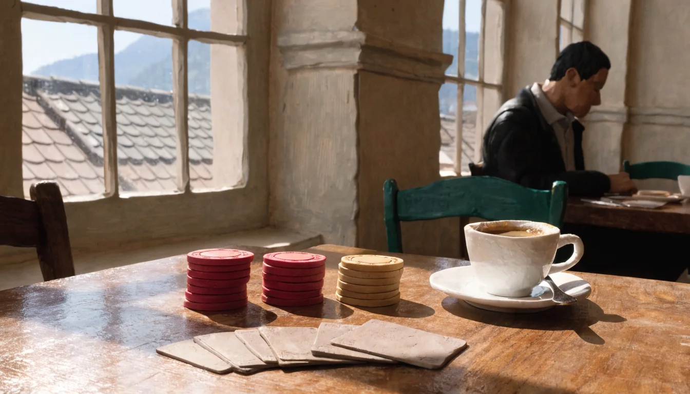 Casino-Chips und Spielkarten auf einem Holztisch in einem Wiener Café mit Alpenblick