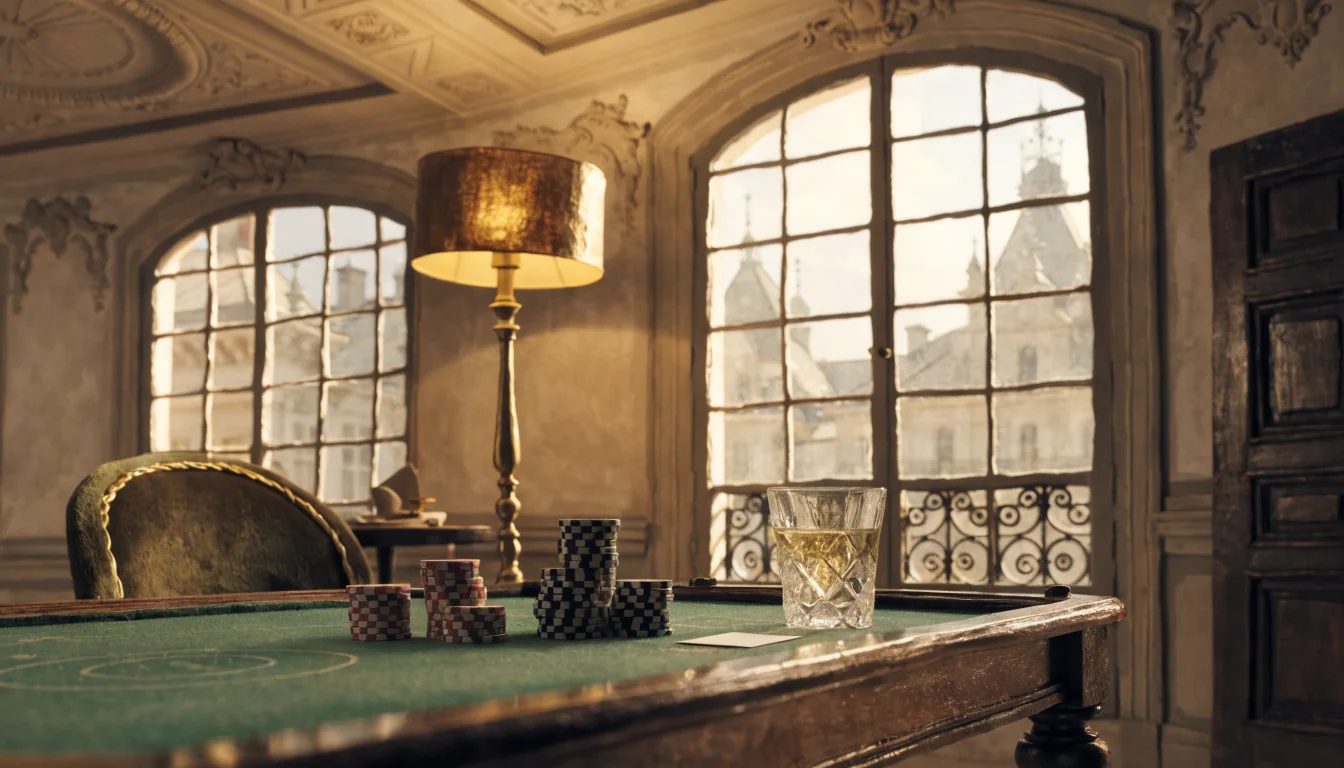 Casino-Chips und Spielkarte auf einem Spieltisch in einem eleganten Wiener Salon bei warmem Nachmittagslicht