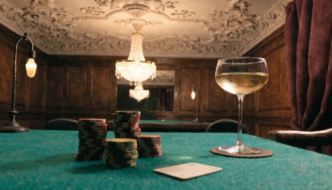 Elegantes Wiener Casinointerieur mit Spieltisch, Jetons und Kristalllüster im warmen Abendlicht.