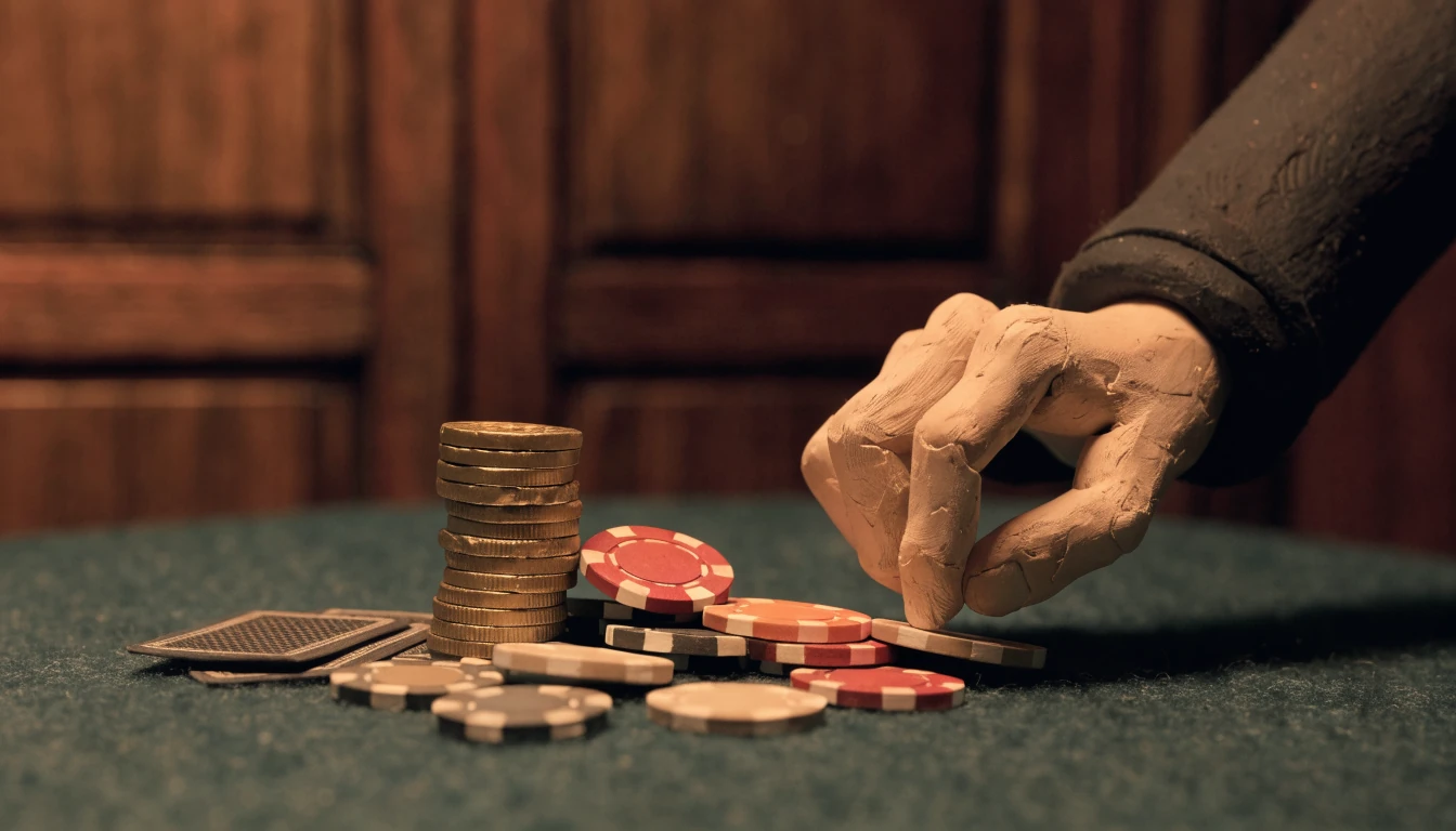 Casino-Chips und Goldmünzen auf grünem Filz mit Spielkarten, warmes Licht