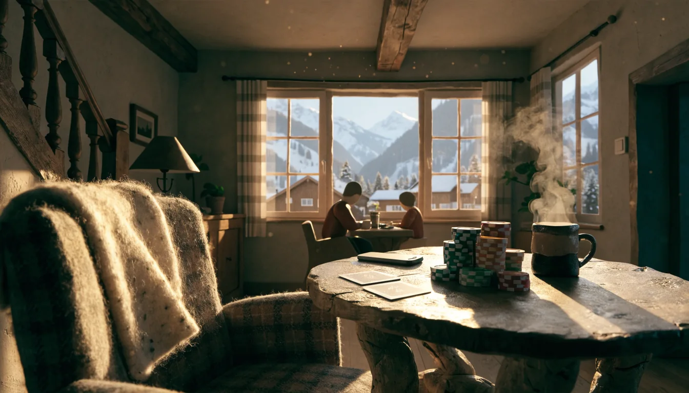 Gemütlicher österreichischer Alpen-Wohnraum mit Spielchips und Karten auf einem Holztisch, Smartphone mit dem Bildschirm nach unten, Bergblick durch das Fenster