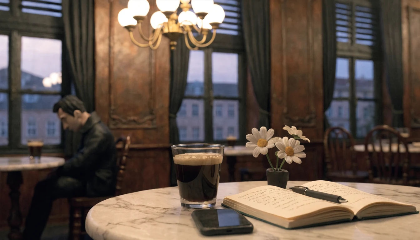 Wiener Café bei Dämmerung mit Smartphone und Notizbuch auf dem Tisch