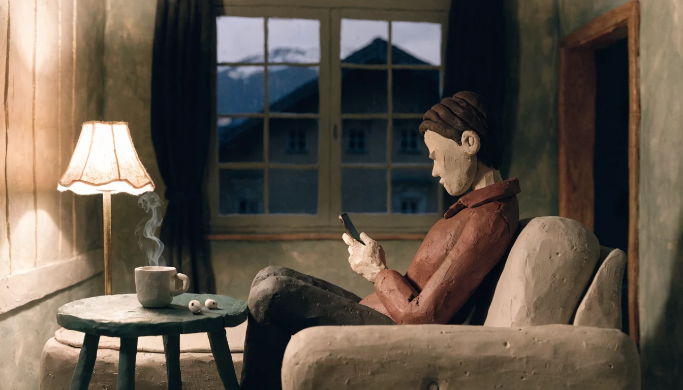 Gemütliches österreichisches Wohnzimmer am Abend mit Person auf Sofa und Smartphone