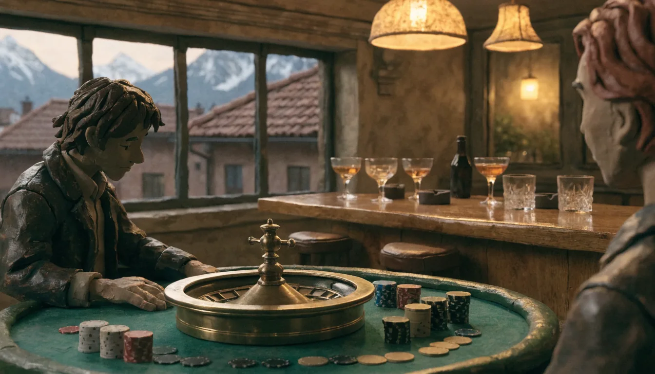 Stilvolle Casino-Lounge mit Roulette-Tisch, Chips und stimmungsvoller Beleuchtung in alpiner Stadt.