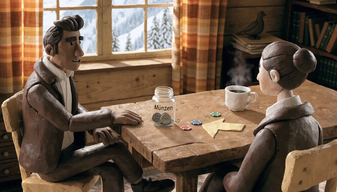 Alpenstil-Tisch mit Spielchips, Glasdose und Kaffeetasse bei Tageslicht