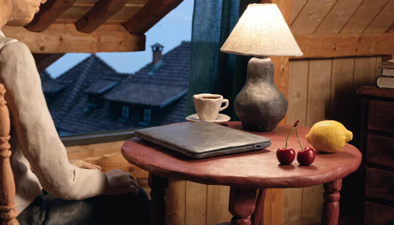 Gemütliches österreichisches Wohnzimmer mit Laptop und Kirschen auf dem Tisch.