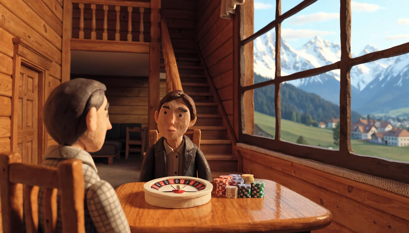 Holziger österreichischer Raum mit Roulette-Rad und Casino-Chips auf dem Tisch, Alpenpanorama durch das Fenster.