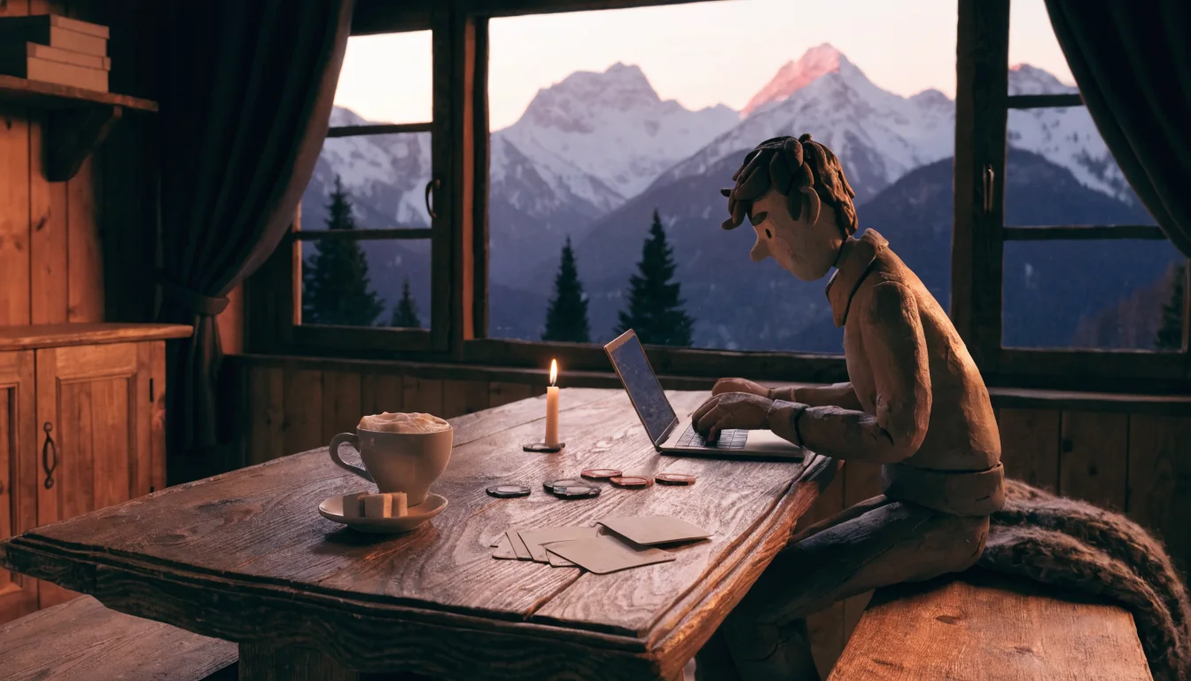 Gemütliche Tiroler Berghütte abends, Holztisch mit Wiener Melange, Spielchips und Spielkarten, verschlossener Laptop und Blick auf verschneite Alpen.